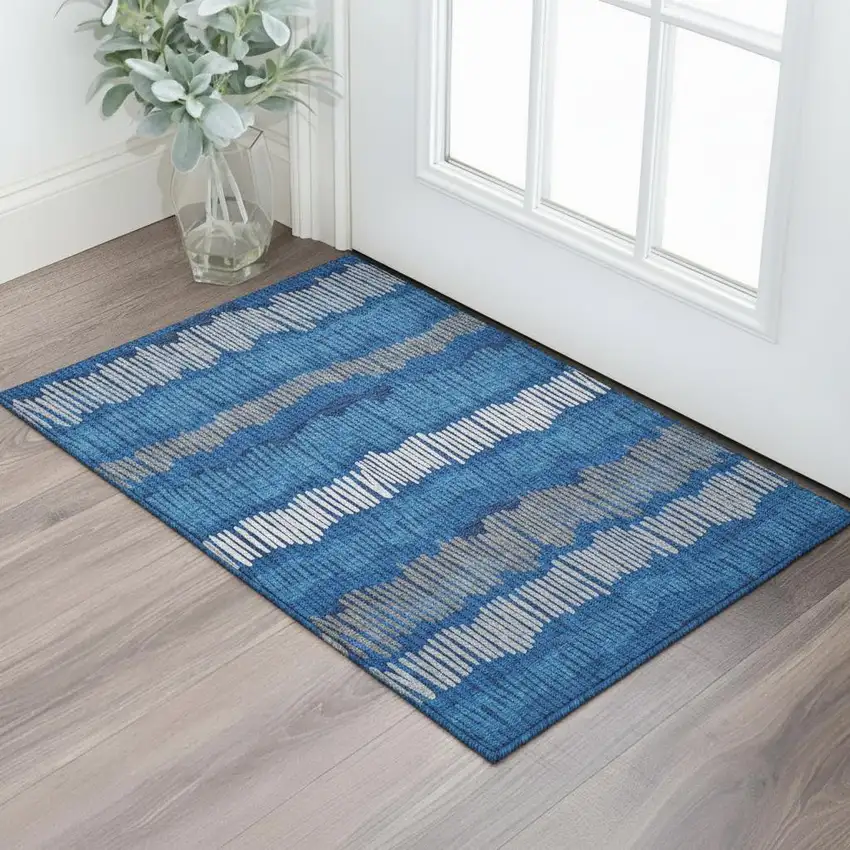 Navy Blue Ivory And Gray Striped Washable Area Rug With UV Protection Photo 1