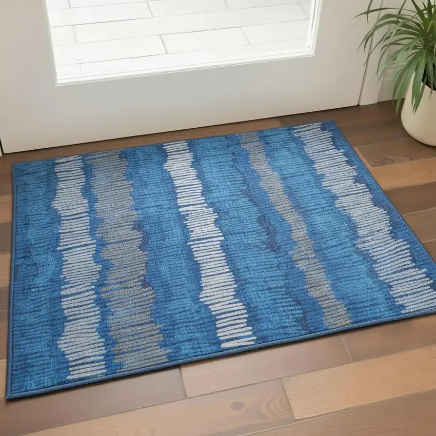 Navy Blue Ivory And Gray Striped Washable Area Rug With UV Protection Photo 2