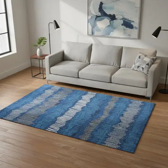 Navy Blue Ivory And Gray Striped Washable Area Rug With UV Protection Photo 2