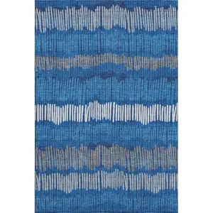 Photo of Navy Blue Ivory And Gray Striped Washable Area Rug With UV Protection