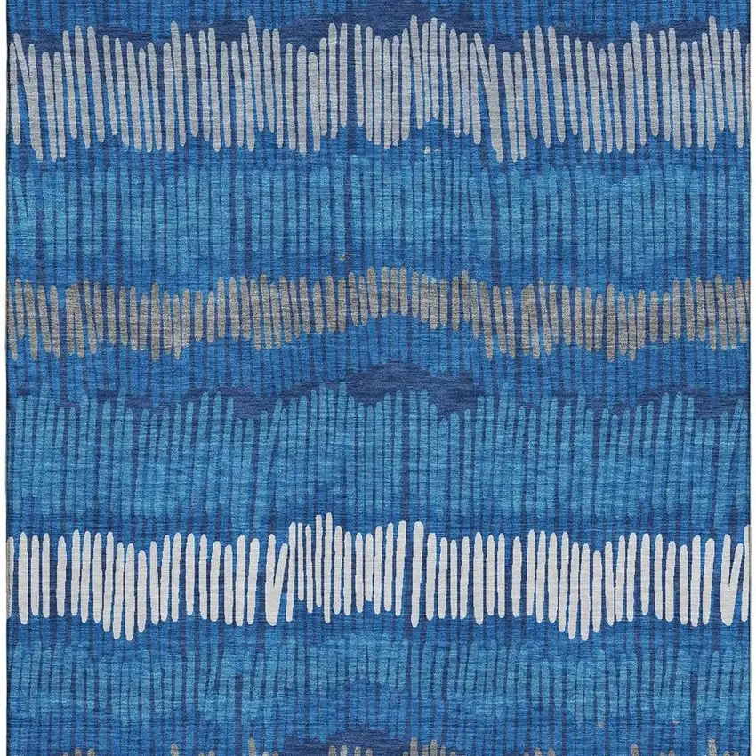 Navy Blue Ivory And Gray Striped Washable Area Rug With UV Protection Photo 4