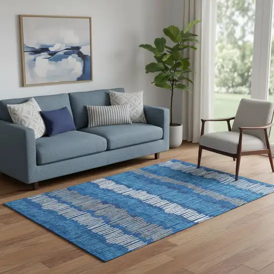 Navy Blue Ivory And Gray Striped Washable Area Rug With UV Protection Photo 1