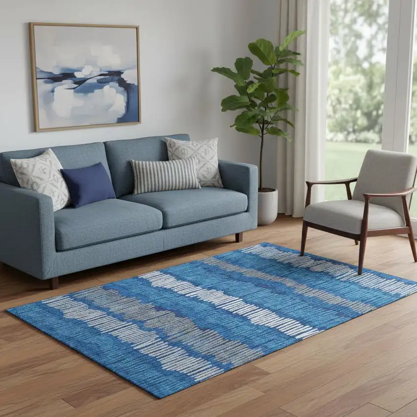 Navy Blue Ivory And Gray Striped Washable Area Rug With UV Protection Photo 1