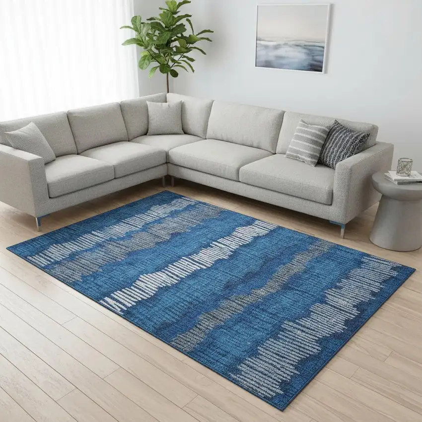 Navy Blue Ivory And Gray Striped Washable Area Rug With UV Protection Photo 2