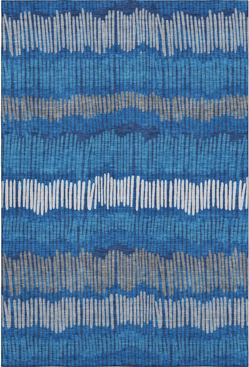 Navy Blue Ivory And Gray Striped Washable Area Rug With UV Protection Photo 1