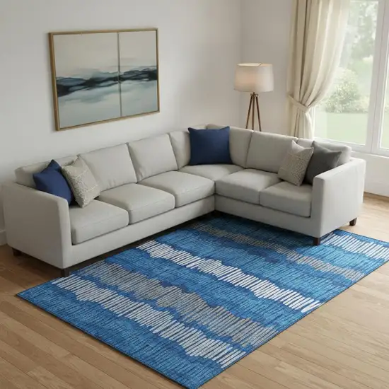 Navy Blue Ivory And Gray Striped Washable Area Rug With UV Protection Photo 1