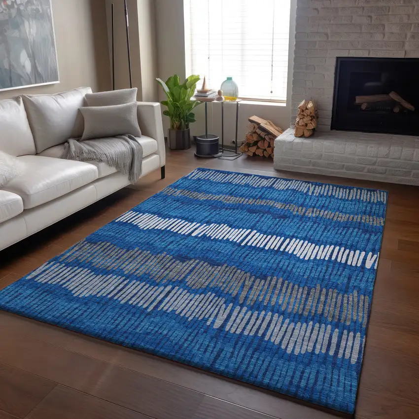Navy Blue Ivory And Gray Striped Washable Area Rug With UV Protection Photo 5