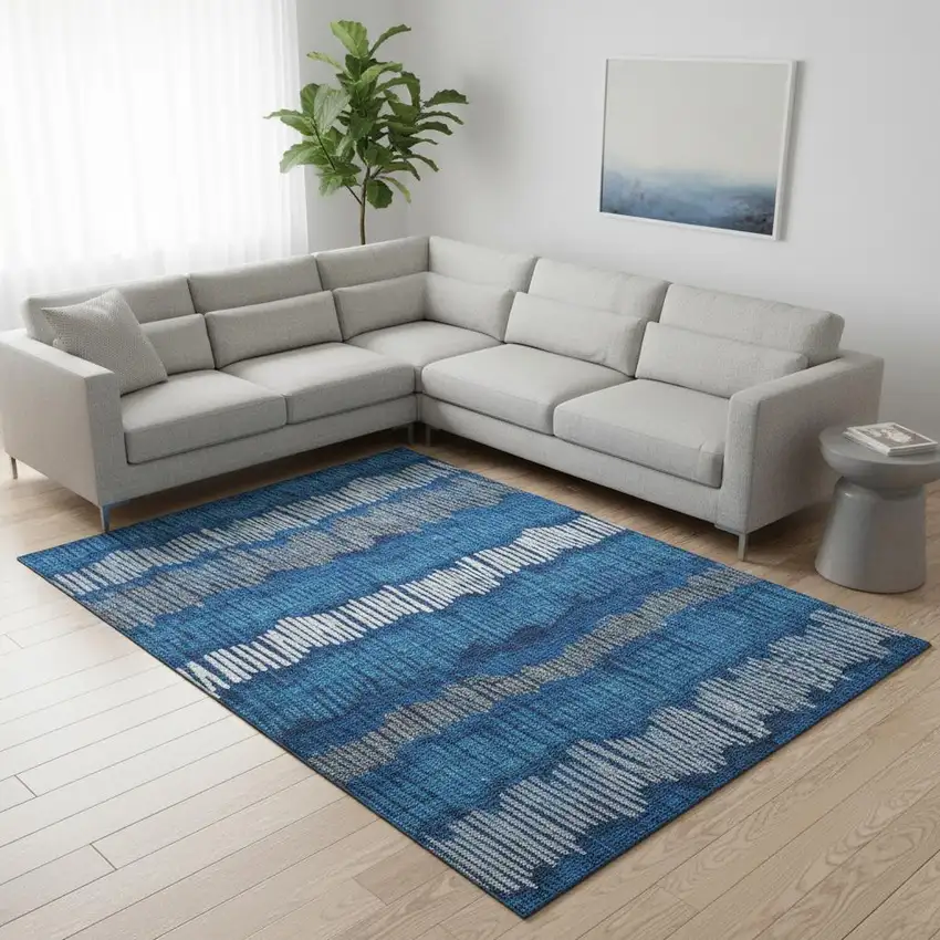 Navy Blue Ivory And Gray Striped Washable Area Rug With UV Protection Photo 2