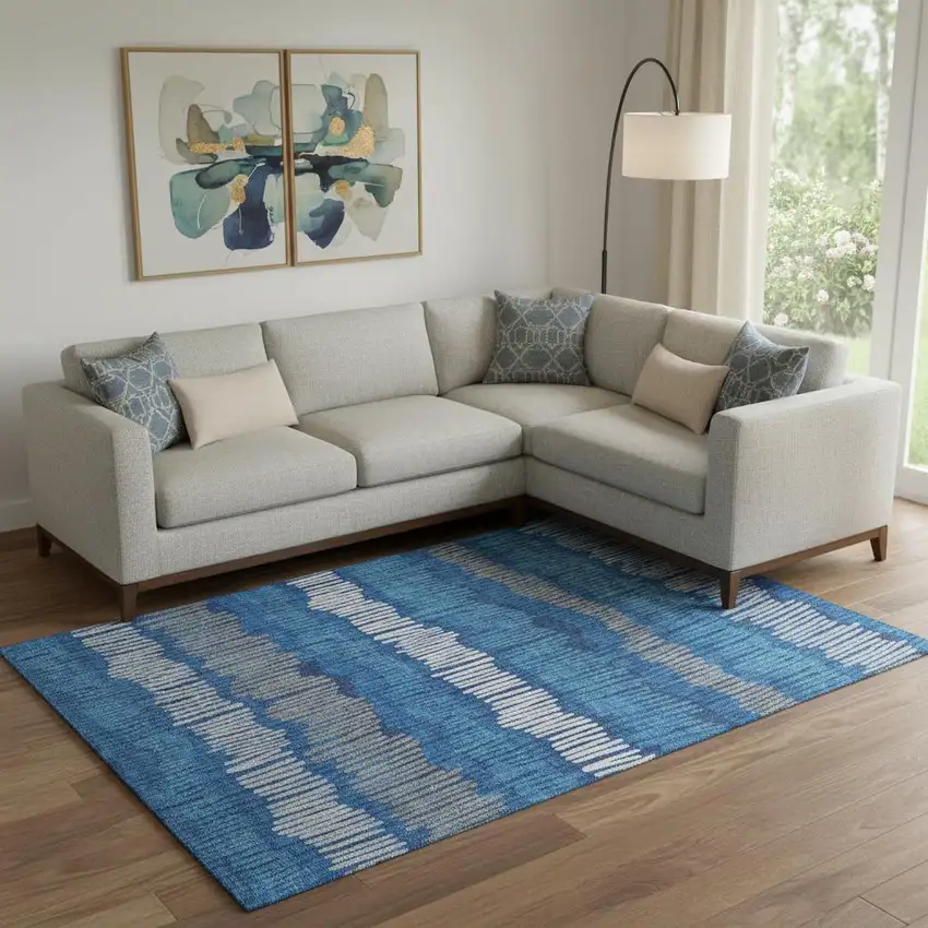 Navy Blue Ivory And Gray Striped Washable Area Rug With UV Protection Photo 1