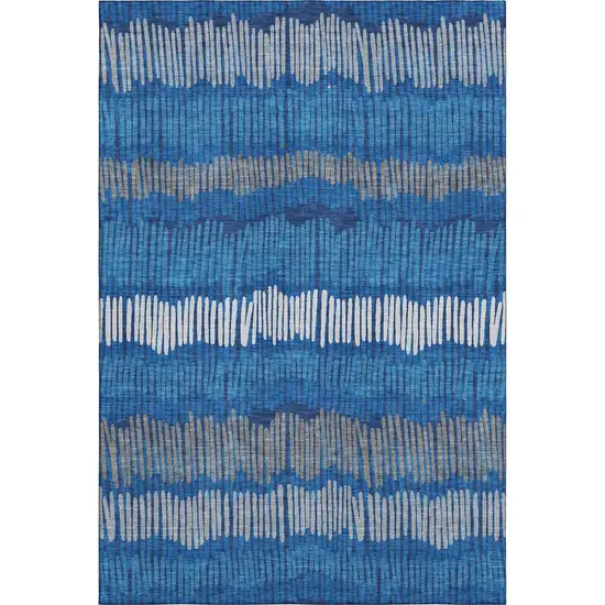 Navy Blue Ivory And Gray Striped Washable Area Rug With UV Protection Photo 1