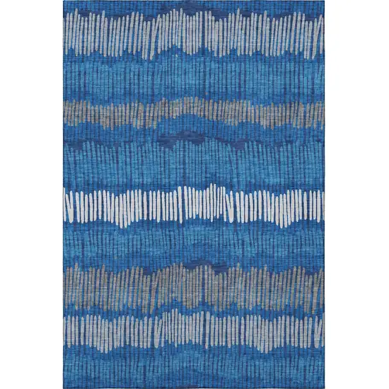 Navy Blue Ivory And Gray Striped Washable Area Rug With UV Protection Photo 3