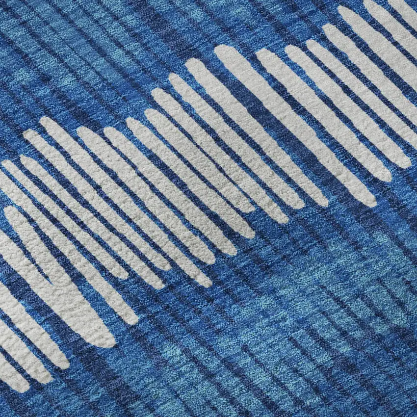 Navy Blue Ivory And Gray Striped Washable Area Rug With UV Protection Photo 8