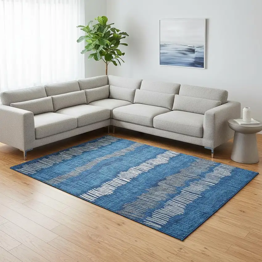 Navy Blue Ivory And Gray Striped Washable Area Rug With UV Protection Photo 2