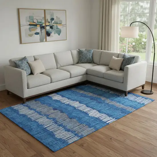 Navy Blue Ivory And Gray Striped Washable Area Rug With UV Protection Photo 1