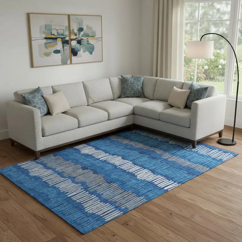 Navy Blue Ivory And Gray Striped Washable Area Rug With UV Protection Photo 1