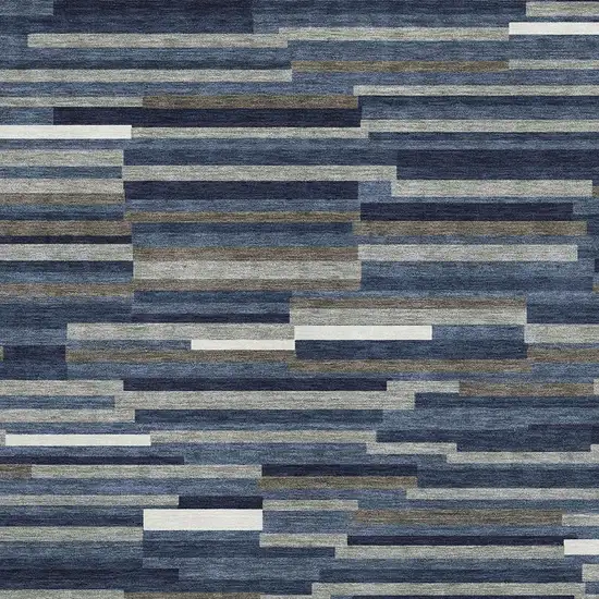 Navy Blue Ivory And Gray Striped Washable Area Rug With UV Protection Photo 3