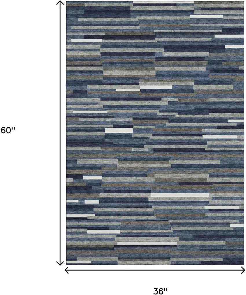 Navy Blue Ivory And Gray Striped Washable Area Rug With UV Protection Photo 3