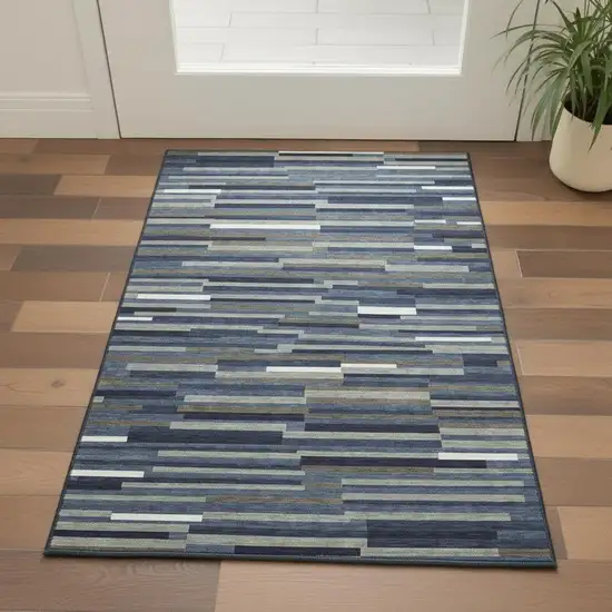 Navy Blue Ivory And Gray Striped Washable Area Rug With UV Protection Photo 2
