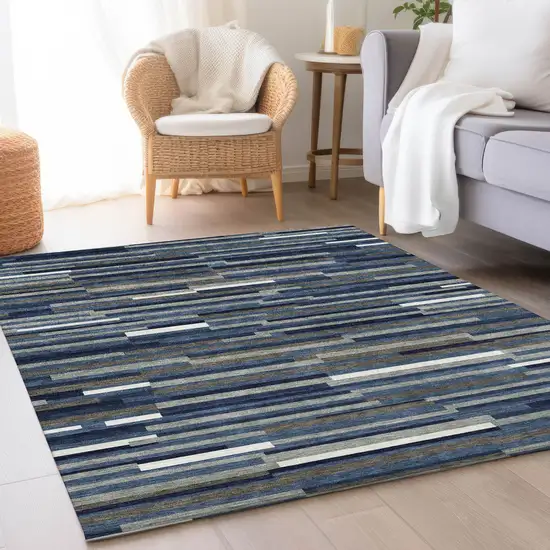 Navy Blue Ivory And Gray Striped Washable Area Rug With UV Protection Photo 5