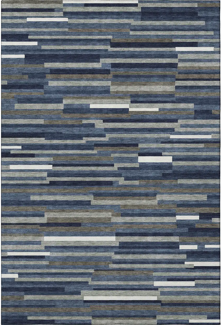 Navy Blue Ivory And Gray Striped Washable Area Rug With UV Protection Photo 4