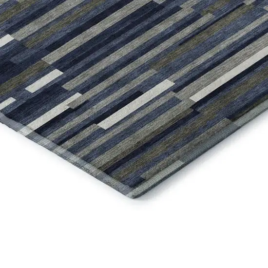 Navy Blue Ivory And Gray Striped Washable Area Rug With UV Protection Photo 8