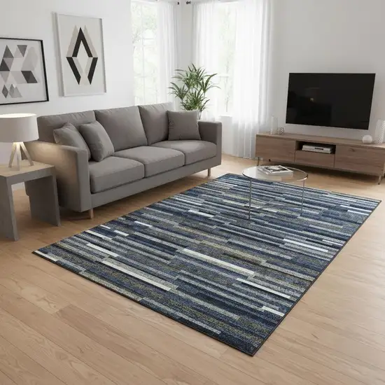 Navy Blue Ivory And Gray Striped Washable Area Rug With UV Protection Photo 2