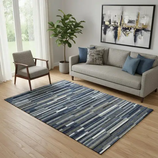 Navy Blue Ivory And Gray Striped Washable Area Rug With UV Protection Photo 1