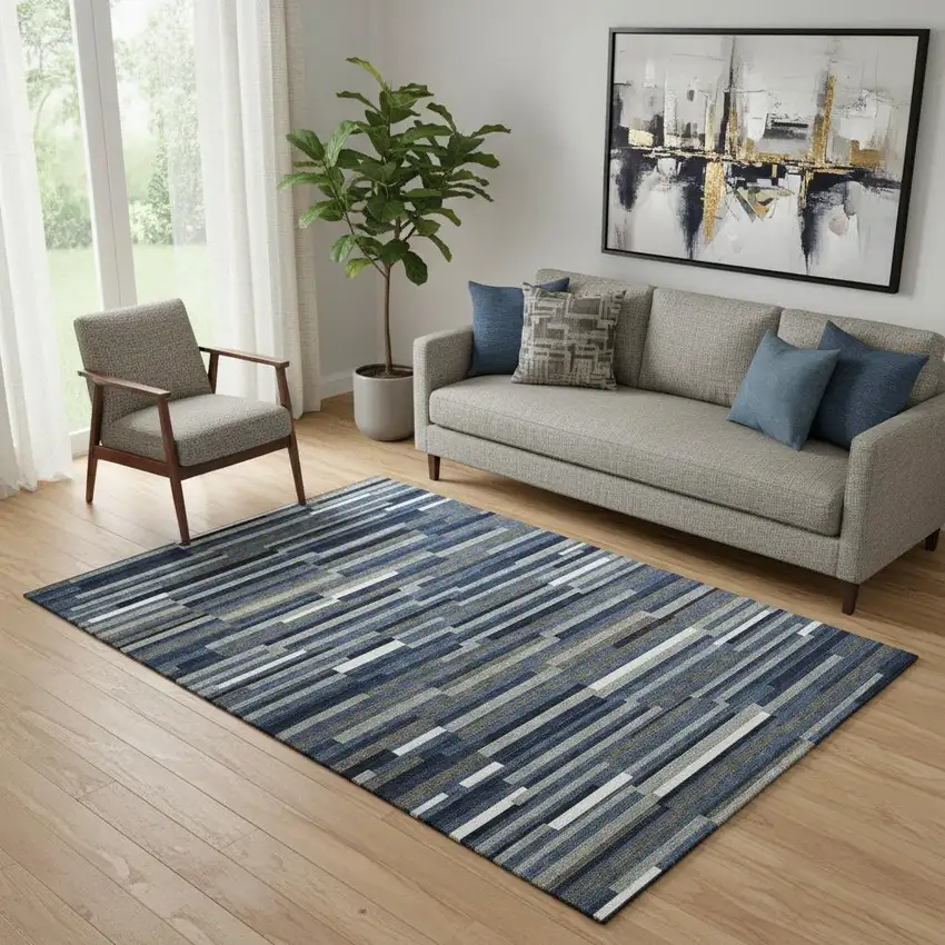 Navy Blue Ivory And Gray Striped Washable Area Rug With UV Protection Photo 1