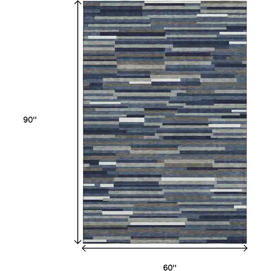 Navy Blue Ivory And Gray Striped Washable Area Rug With UV Protection Photo 9