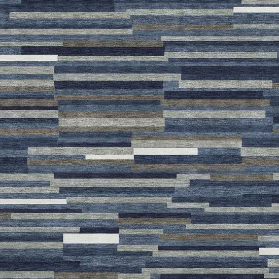 Navy Blue Ivory And Gray Striped Washable Area Rug With UV Protection Photo 3