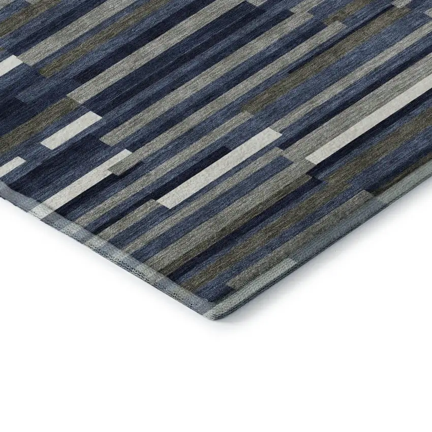 Navy Blue Ivory And Gray Striped Washable Area Rug With UV Protection Photo 8