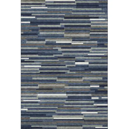 Navy Blue Ivory And Gray Striped Washable Area Rug With UV Protection Photo 4