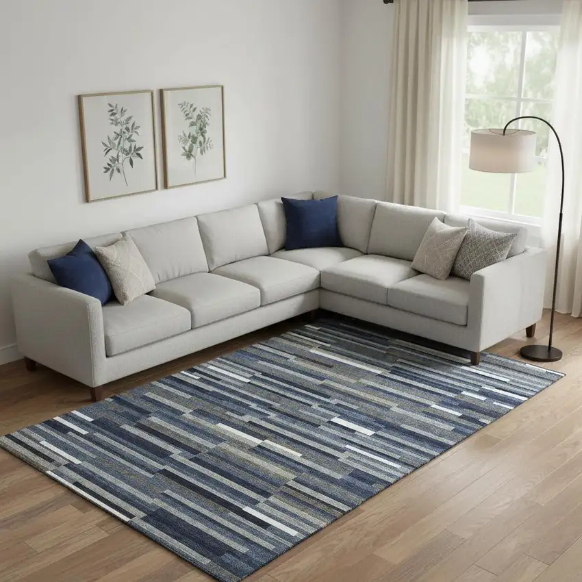 Navy Blue Ivory And Gray Striped Washable Area Rug With UV Protection Photo 1