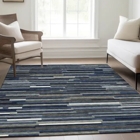 Navy Blue Ivory And Gray Striped Washable Area Rug With UV Protection Photo 6