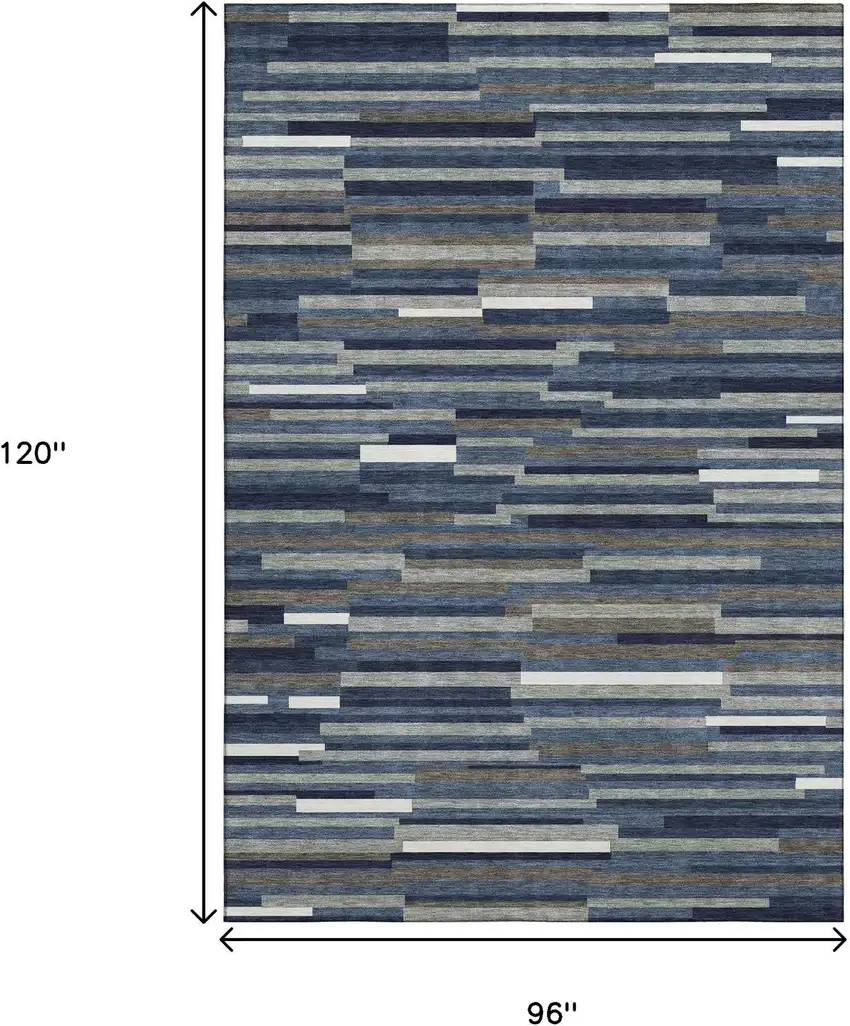 Navy Blue Ivory And Gray Striped Washable Area Rug With UV Protection Photo 9