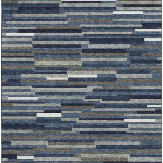 Navy Blue Ivory And Gray Striped Washable Area Rug With UV Protection Photo 3