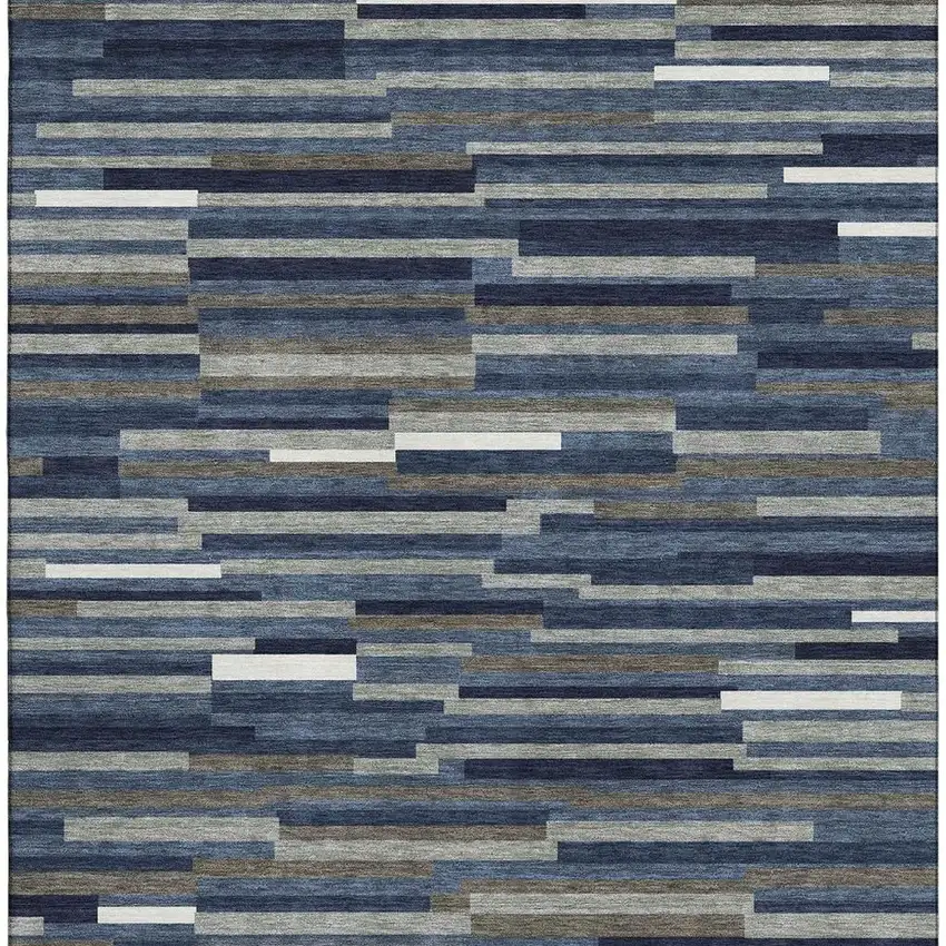Navy Blue Ivory And Gray Striped Washable Area Rug With UV Protection Photo 3