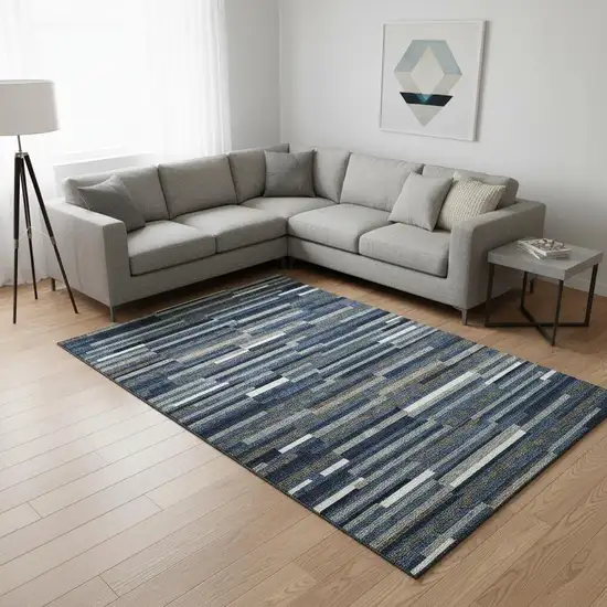 Navy Blue Ivory And Gray Striped Washable Area Rug With UV Protection Photo 2
