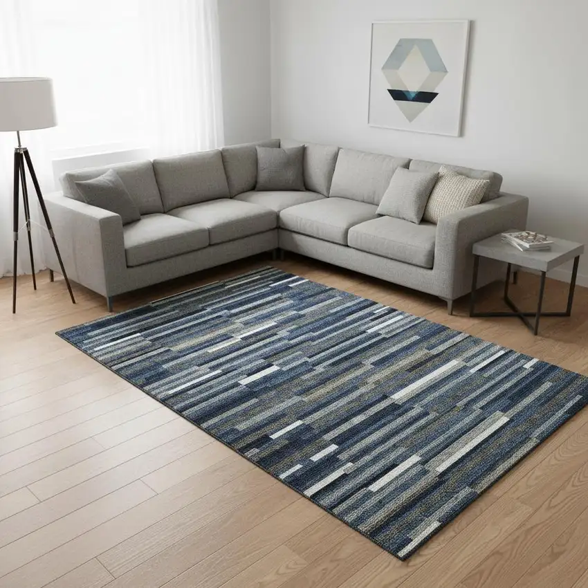 Navy Blue Ivory And Gray Striped Washable Area Rug With UV Protection Photo 2