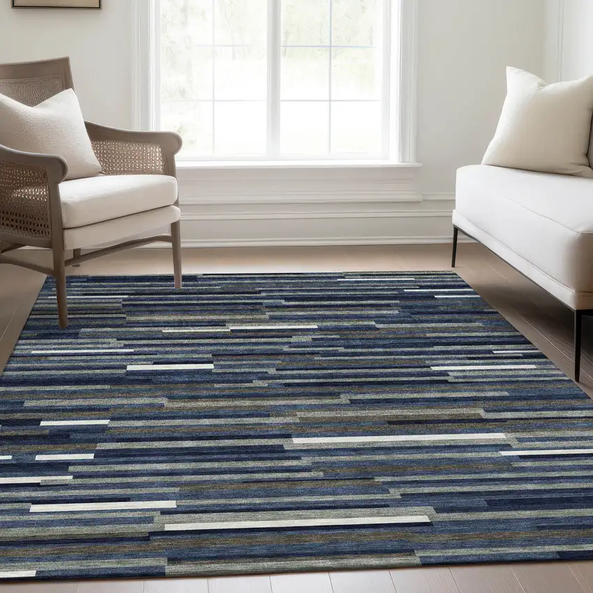 Navy Blue Ivory And Gray Striped Washable Area Rug With UV Protection Photo 6