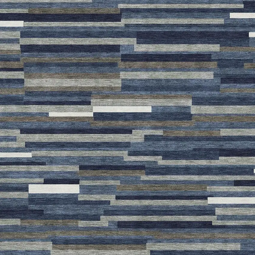 Navy Blue Ivory And Gray Striped Washable Area Rug With UV Protection Photo 3