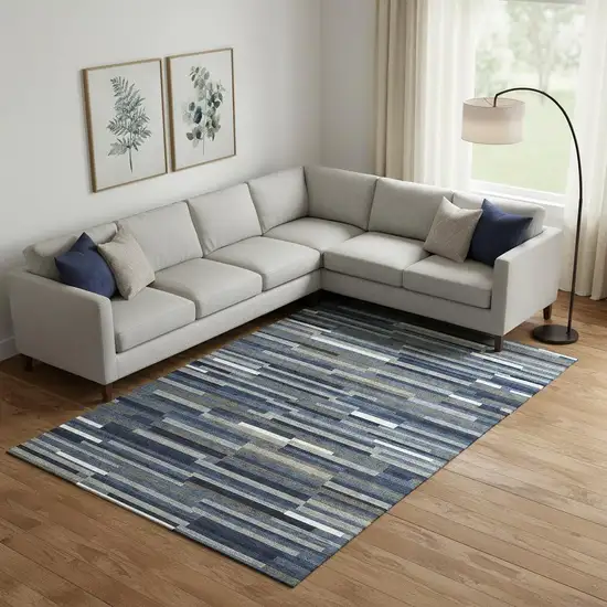 Navy Blue Ivory And Gray Striped Washable Area Rug With UV Protection Photo 1