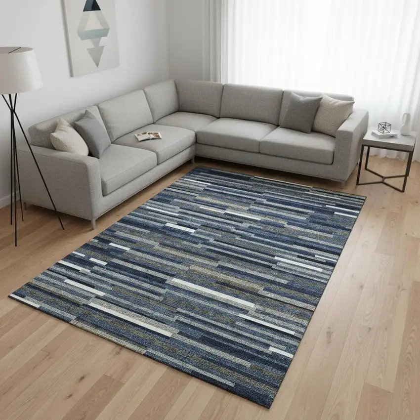 Navy Blue Ivory And Gray Striped Washable Area Rug With UV Protection Photo 2