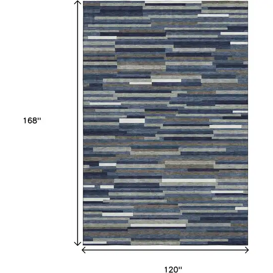 Navy Blue Ivory And Gray Striped Washable Area Rug With UV Protection Photo 9