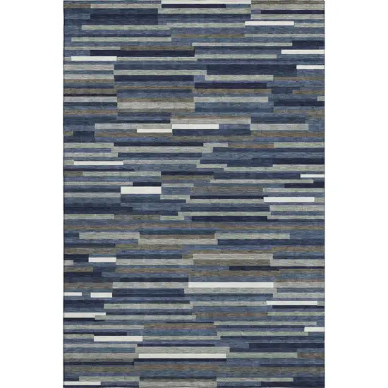 Navy Blue Ivory And Gray Striped Washable Area Rug With UV Protection Photo 1