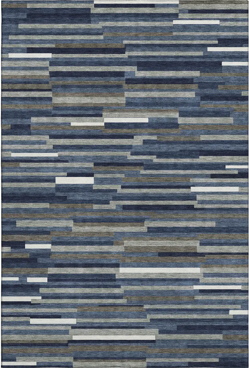 Navy Blue Ivory And Gray Striped Washable Area Rug With UV Protection Photo 1