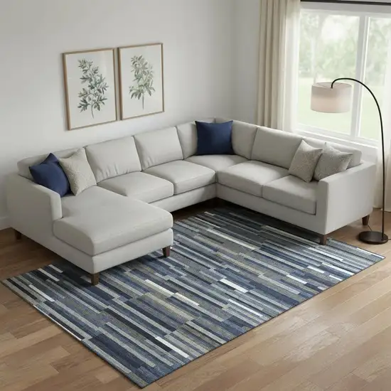 Navy Blue Ivory And Gray Striped Washable Area Rug With UV Protection Photo 1