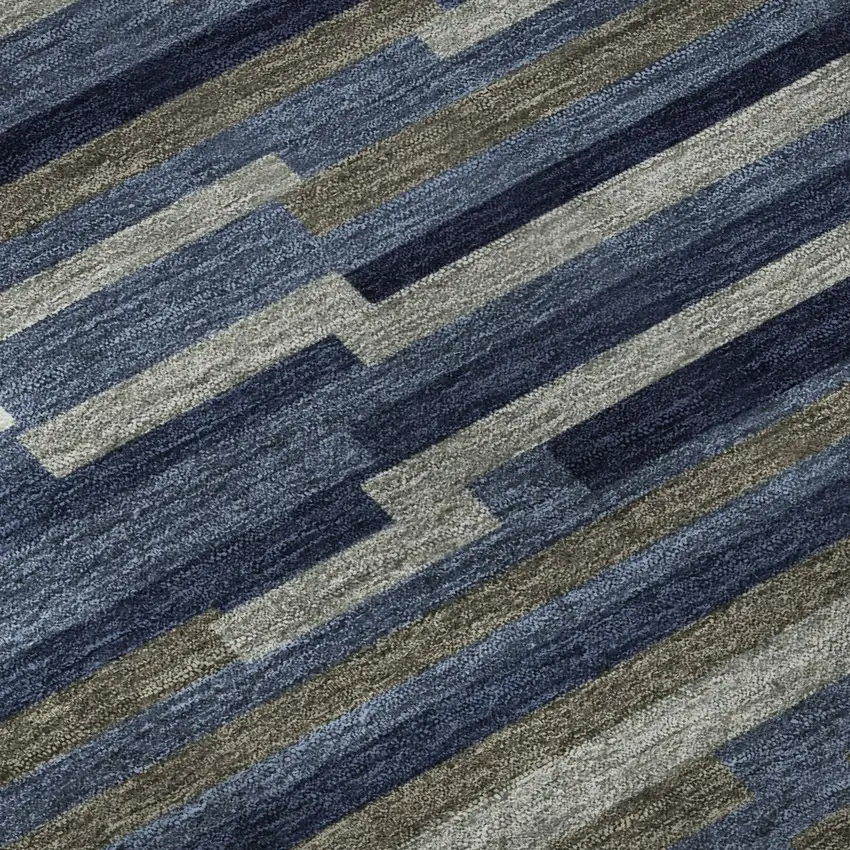 Navy Blue Ivory And Gray Striped Washable Area Rug With UV Protection Photo 9