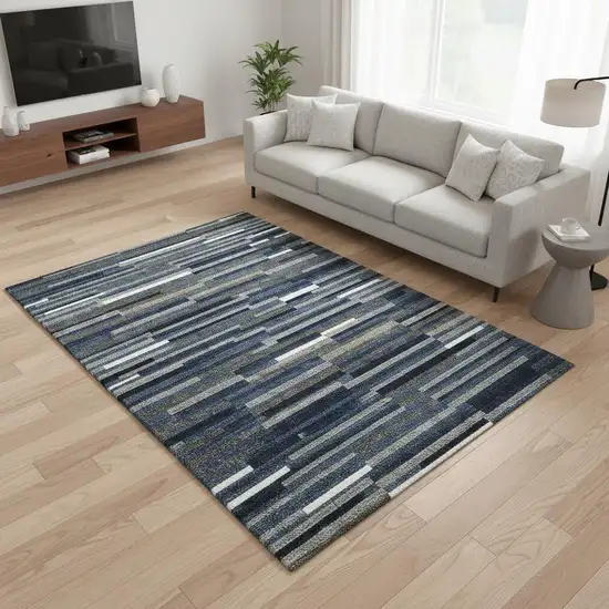 Navy Blue Ivory And Gray Striped Washable Area Rug With UV Protection Photo 2
