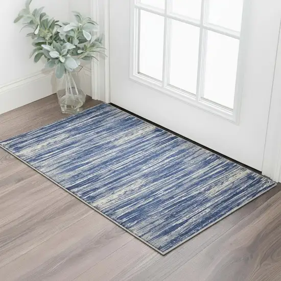 Navy Blue Ivory And Gray Striped Washable Area Rug With UV Protection Photo 2